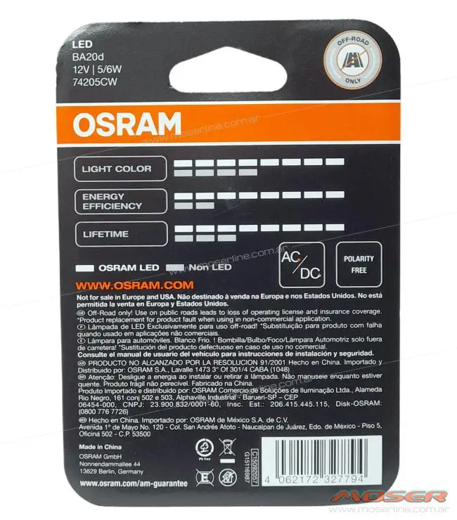 Lampara Led Moto S2 12v BA20d Osram LED X-Racer Culote Bosch 6000k Cool White